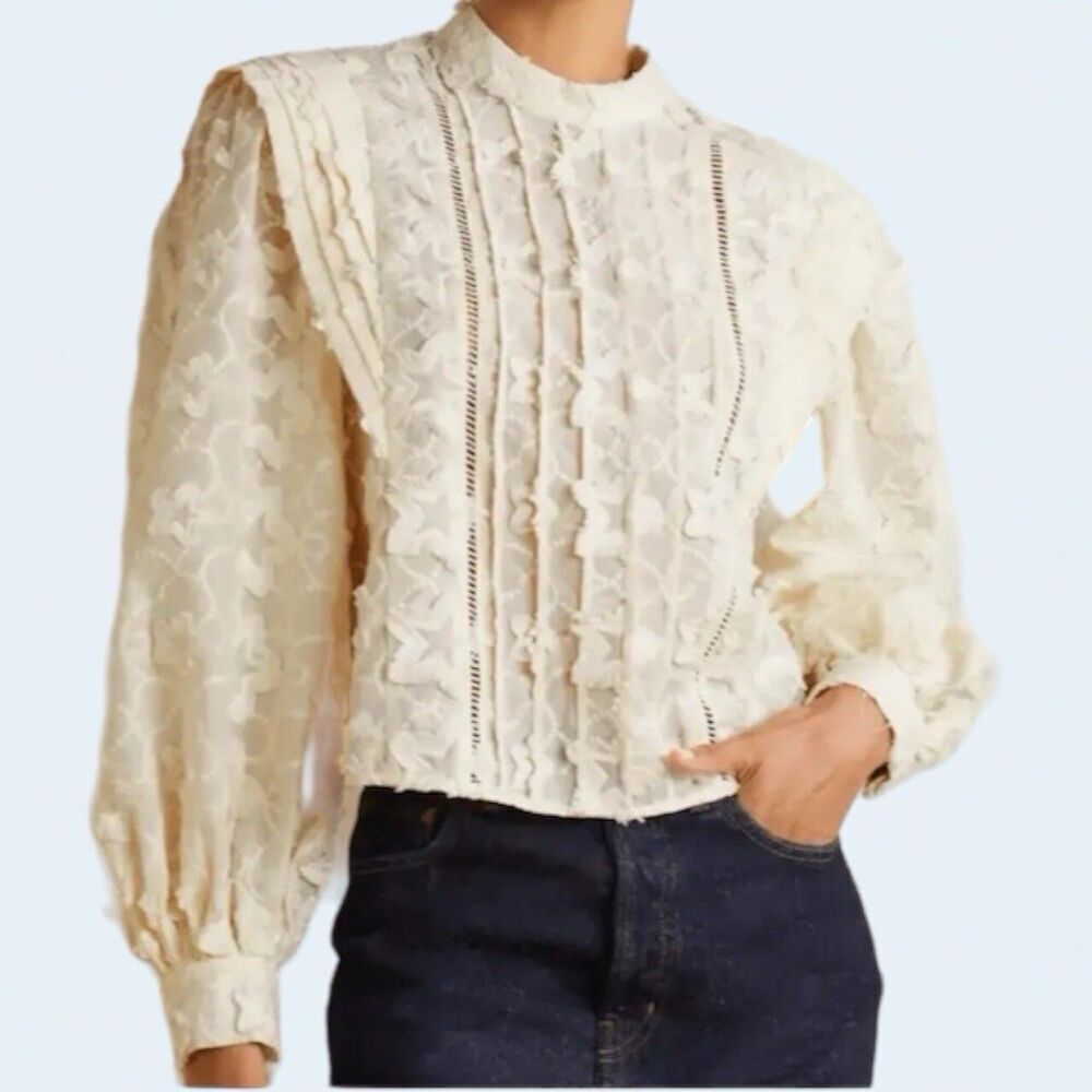 Farm Rio x Anthropologie 3D Embroidered Star Pullover Women Size XS Ivory Blouse